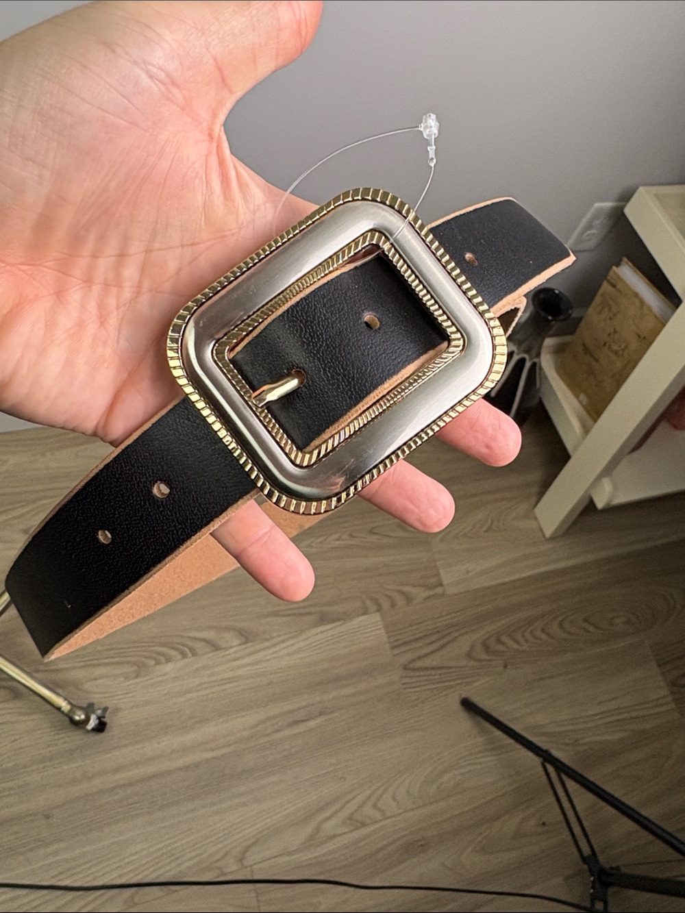 NWOT Black Wide Leather Belt with Gold-Tone Statement Buckle size L/XL